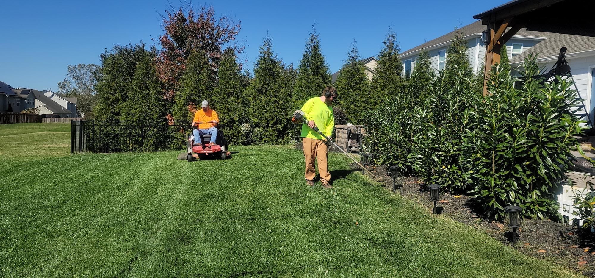 A two-person landscaping crew working a sunny suburban yard, one on a riding mower and one trimming a hedge.