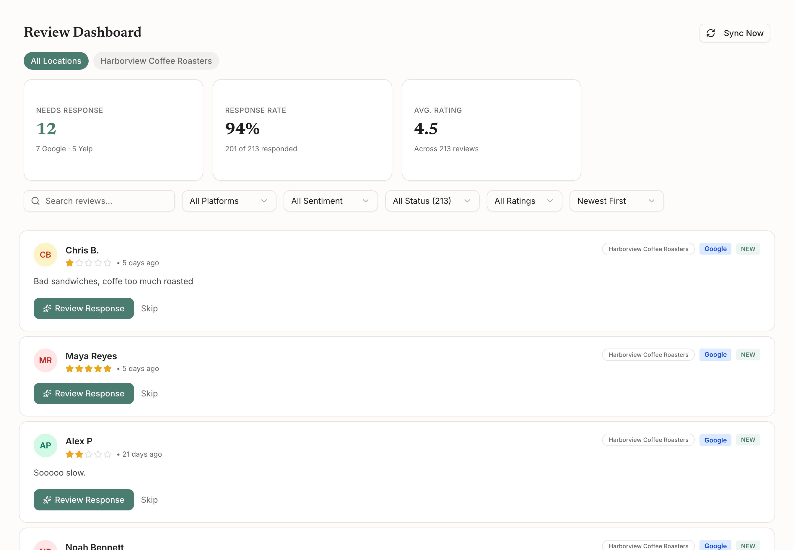 The GetSetReply review inbox showing every review in a single list with star ratings, platform badges and status filters.