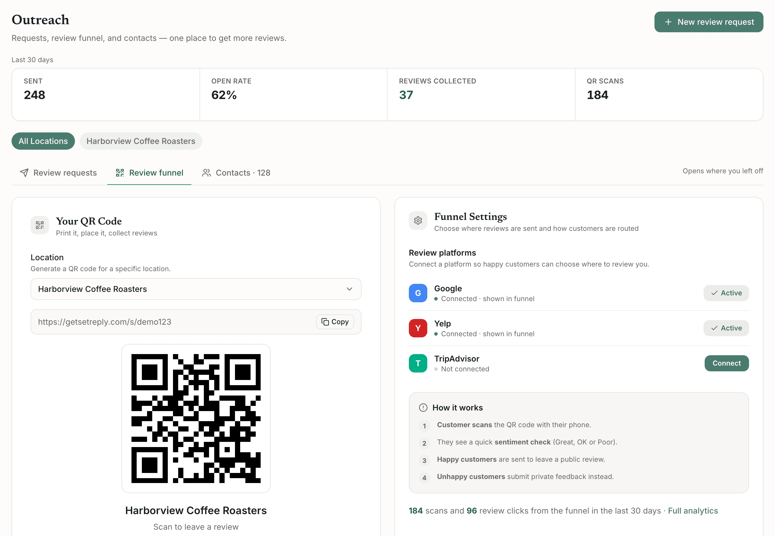 The GetSetReply outreach screen showing a review funnel link, its QR code ready to download, and the funnel settings that decide where happy customers are sent.